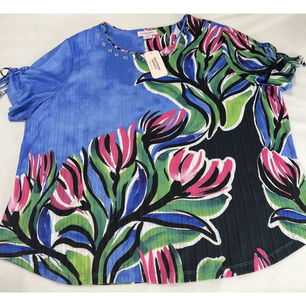 Allison Daley Women's Top Plus Size 2X Indigo Group Tie Short Sleeve‎ B39